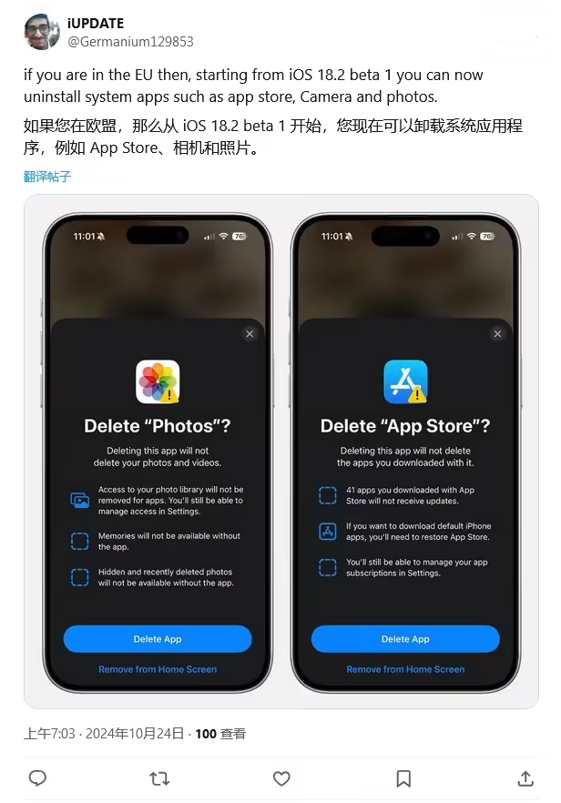 大城苹果手机维修分享iOS 18.2 支持删除 App Store 应用商店 