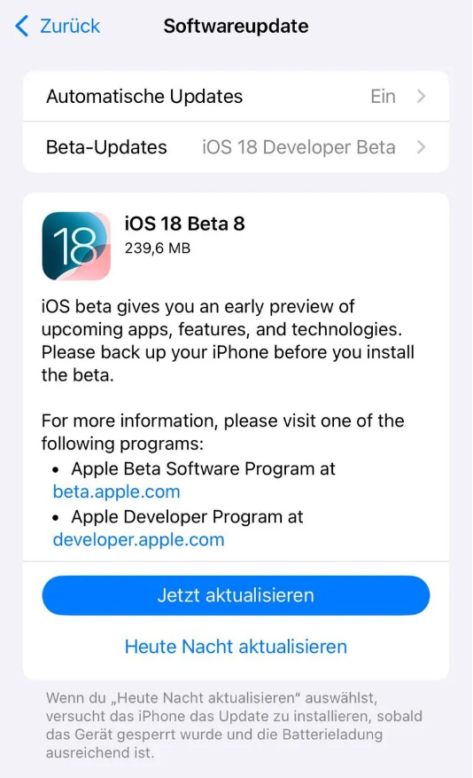 大城苹果手机维修分享苹果 iOS / iPadOS 18 开发者预览版 Beta 8 发布 